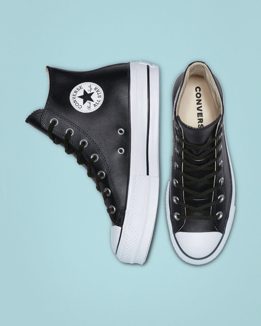 Sapatos Plataforma Converse Chuck Taylor All Star Lift Couro Cano Alto Feminino Pretas Branco | PT Y045T9P